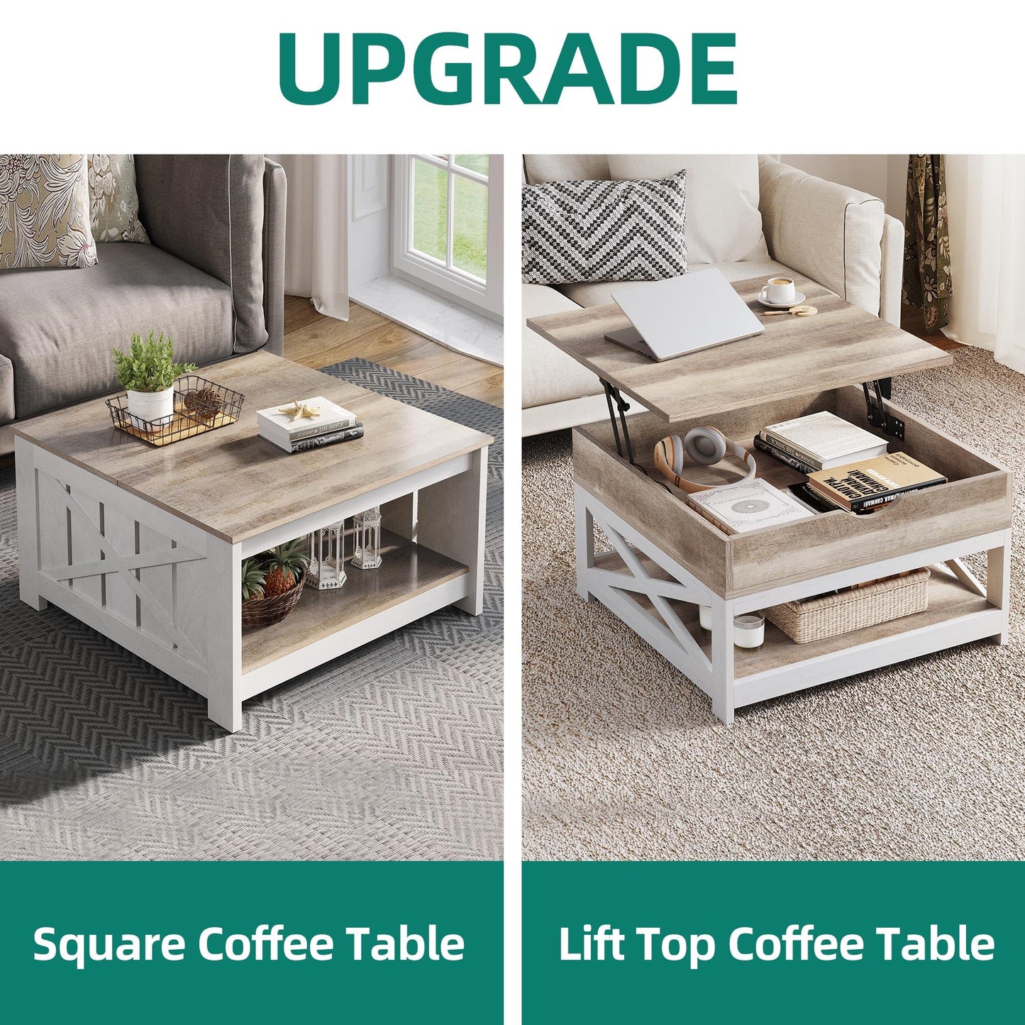 YITAHOME Coffee Tables with Living Room, Lift Top Coffee Table with Storage, Farmhouse Coffee Table, Square Wood Center Table Cocktail Table, Grey Wash