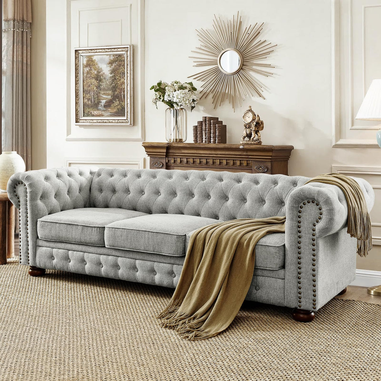88.5''W Linen Chesterfield Sofa, Mid Century Modern Couch with Button Tufted & Rolled Armrests, Comfy 3-Seater Deep Seat Sofa with Nailhead Trim & Gourd Legs for Living Room, Apartment(Light Grey) JEEOHEY