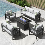 Vakollia 5 Pieces Modern Aluminum Patio Furniture Set with Fire Pit Table, Outdoor Conversation Sets Metal Sectional Sofa Vakollia