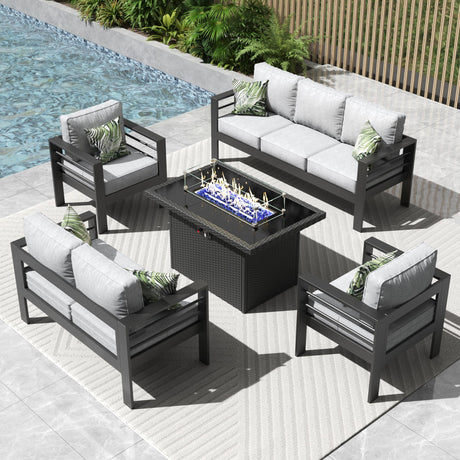 Vakollia 5 Pieces Modern Aluminum Patio Furniture Set with Fire Pit Table, Outdoor Conversation Sets Metal Sectional Sofa Vakollia