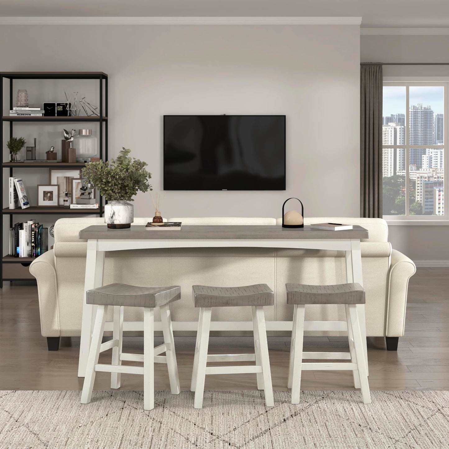 Lexicon Farmhouse Bar Table Set for 3 with Saddle Stools - Stylish White/Coffee Kitchen Dining Set