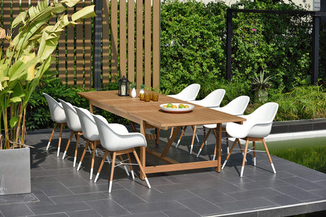 Brampton 9 Piece Outdoor Eucalyptus Extendable Dining Set | Perfect for Patio | White Chairs with Arms and Teak Finish Brampton Patio