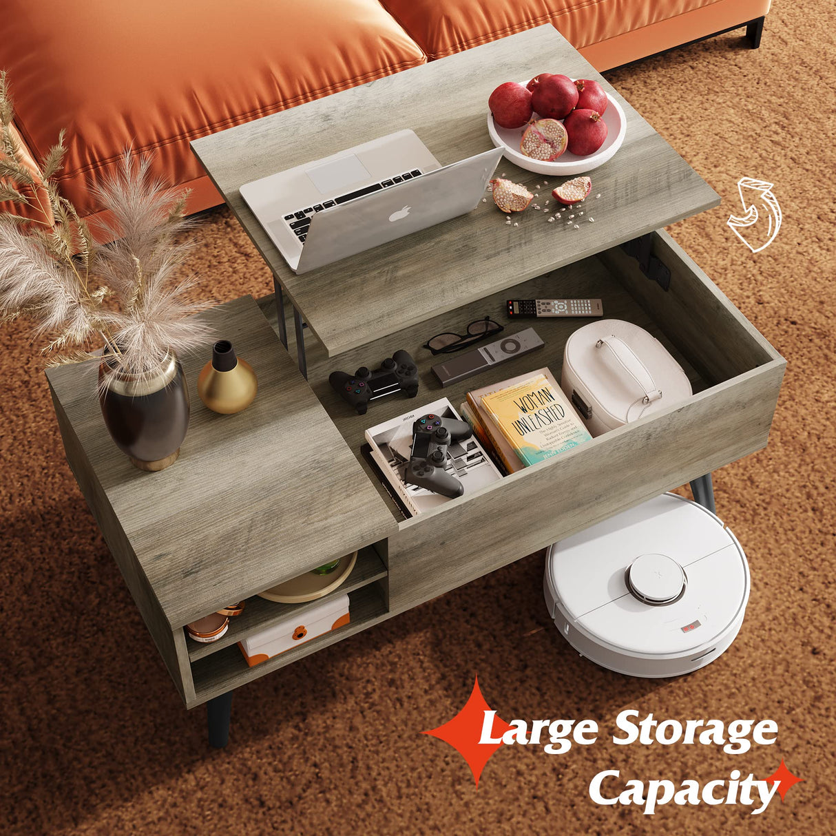 WLIVE Lift Top Coffee Table with Storage for Living Room,Small Hidden Compartment and Adjustable Shelf,Mid Century Modern ,Wood,Greige WLIVE