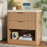 Fluted Nightstand with 2 Drawers, 24'' Night Stand with Wireless Charging Station, Mid Century Modern Side Table with Faux Marble Top, Large Wooden Bedside End Table for Bedroom, Oak HUAHUU