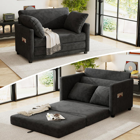 kakuboohi 51" Loveseat Sleeper Sofa Bed, Chenille Convertible Floor Sofa Bed for Small Spaces, Folding Couch Bed with Deep Seat, 2 Pillows & Solid Frame, Pull Out Floor Couch for Living Room, Black kakuboohi