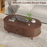 Alohappy Oval Coffee Table, Mid Century Modern Coffee Table with Sliding Tambour Door, Fluted Center Table with Hidden Storage, Curved Profile Dining Table for Living Room, Home Office,Walnut Alohappy