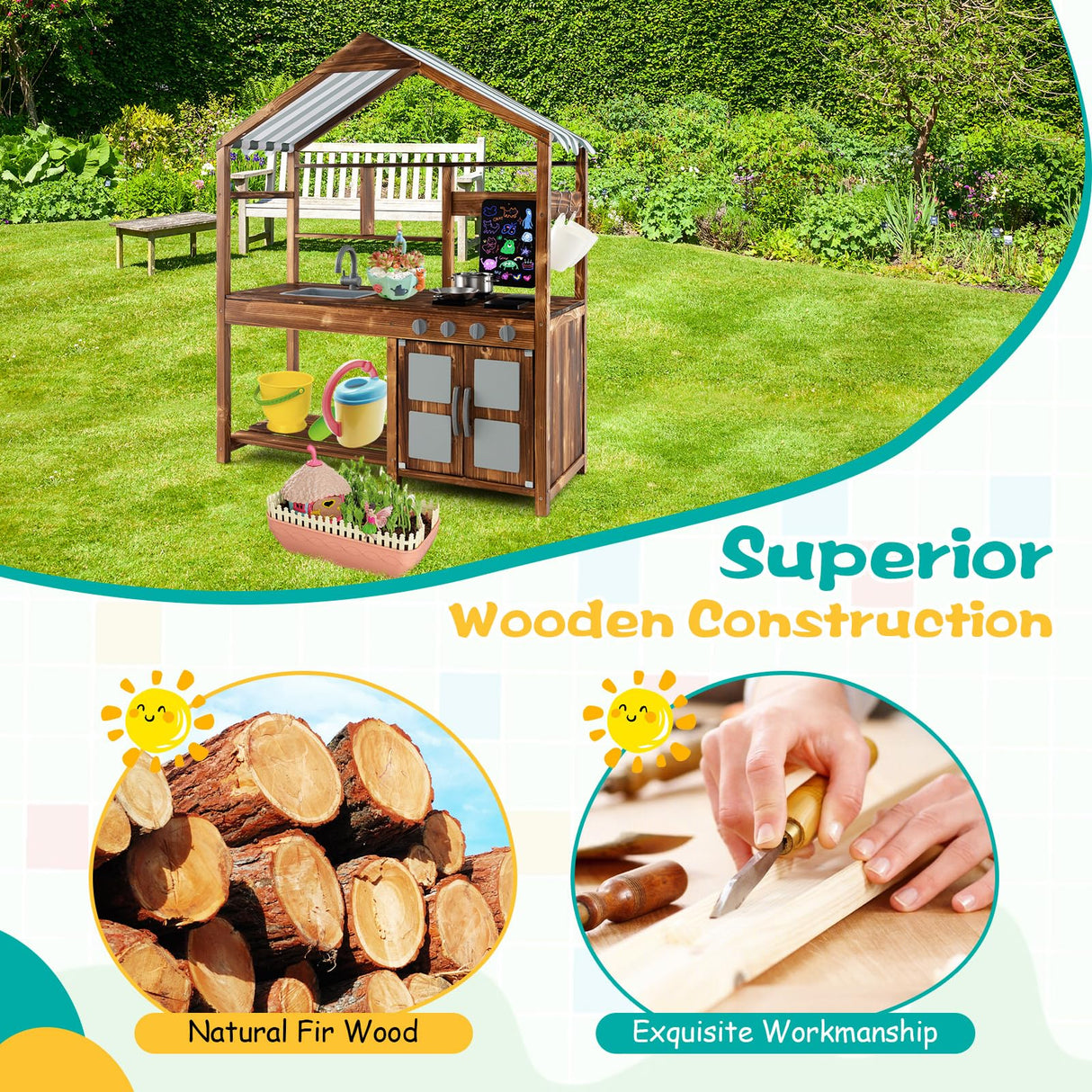 Costzon Mud Kitchen, Outdoor Play Kitchen with Canopy, Chalkboard, Stoves, Removable Sink, Cooking Accessories and Storage, Wooden Kids Kitchen Playset, Mud Kitchen for Kids Outdoor Costzon