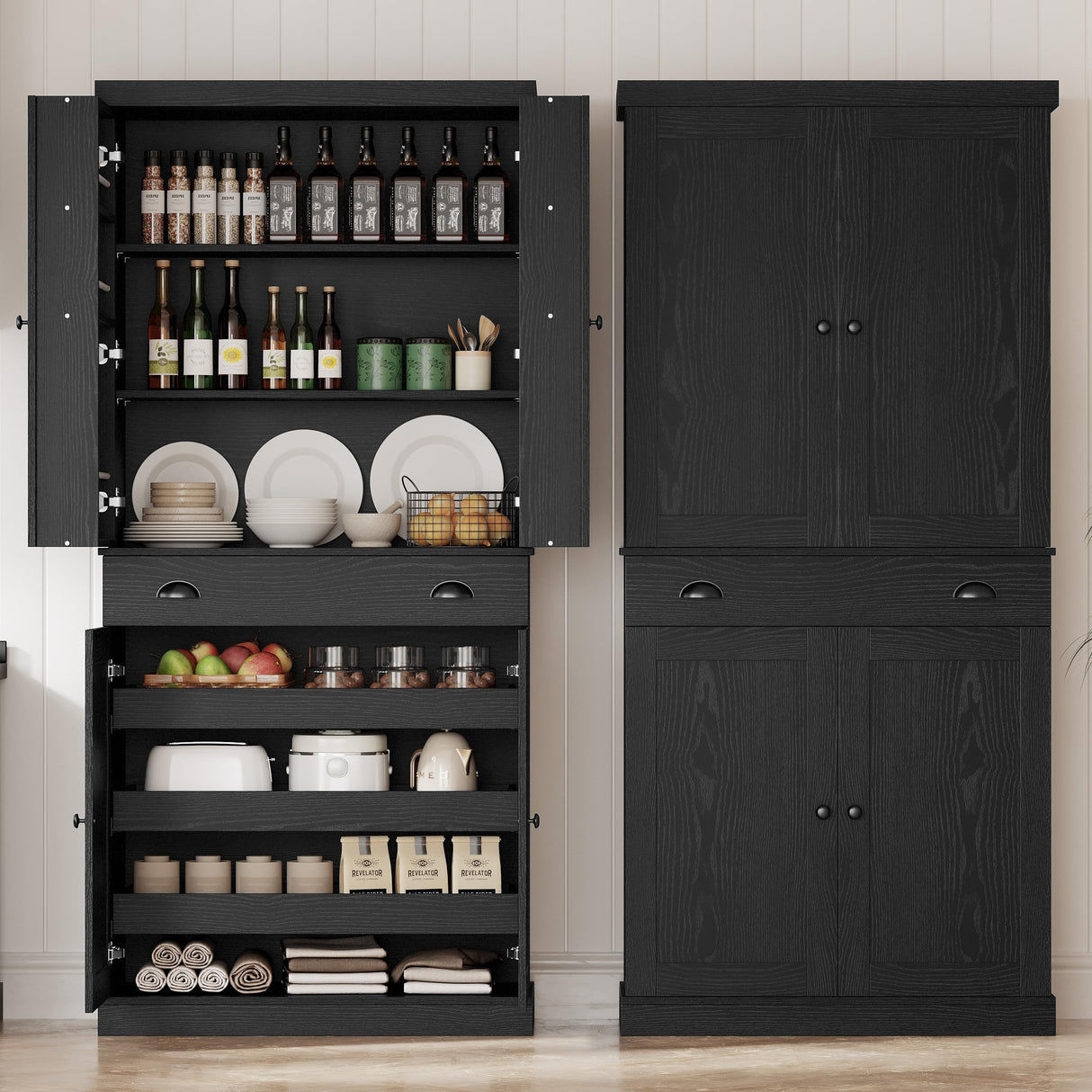 IRONCK Kitchen Pantry Cabinet 72" Height, Freestanding Cupboard with Drawer, Sliding Storage Rack, and 6 Hanging Shelves for Dining Room, Laundry, Living Room, Black IRONCK
