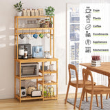 BMOSU Bamboo Bakers Rack for Kitchen Open Storage Shelves & Coffee Bar Table - Microwave Stand with 12 S-Shaped Hooks BMOSU