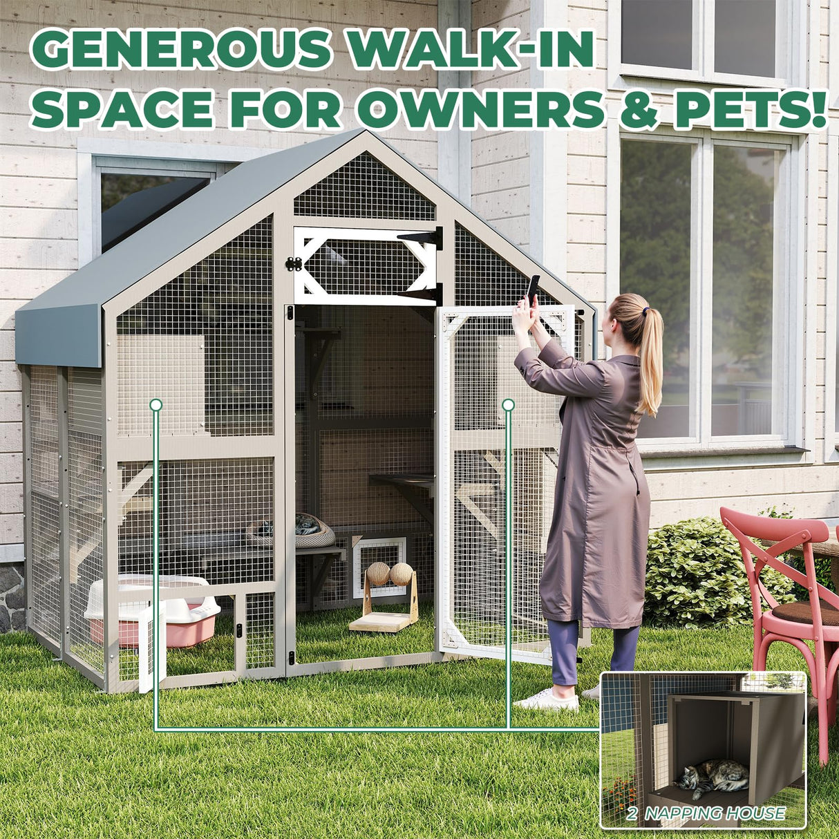 71" H Catio Outdoor Cat Enclosure Weatherproof, Large Walk-in Cat House Attached Window for Multiple Cats, Waterproof Cat Cage Kitty Enclosure Outside with 2 Condos, 6 Platforms Magazoopet