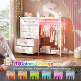 EnHomee 49.2" W White Dresser for Bedroom with Hanging Rack,6 Drawer Dresser with LED Lights & Charging Station, Fabric Dressers & Chest of Drawer with Clothes Rack, Wooden Top, Grid Panel, Closet EnHomee