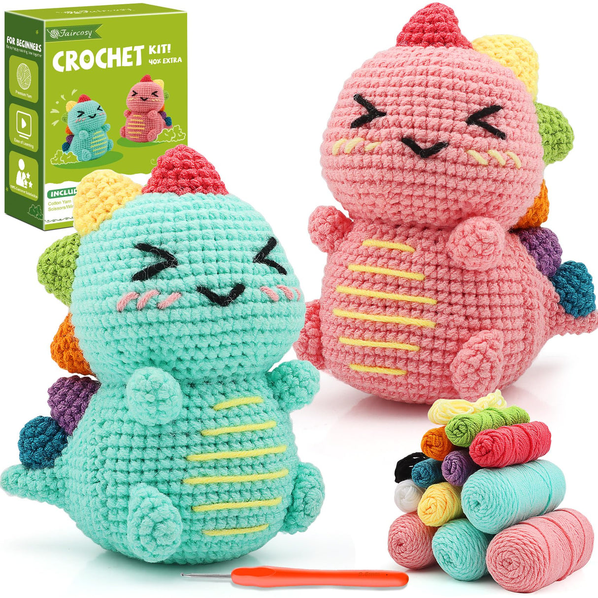 Faircosy Dinosaur Crochet Kit for Beginners: 2PCS Crochet Animal Kits for Adults - Learn to Crocheting Cute Amigurumi Starter Kit with Written Pattern & Video Tutorials (40%+ Yarn Extra) Faircosy