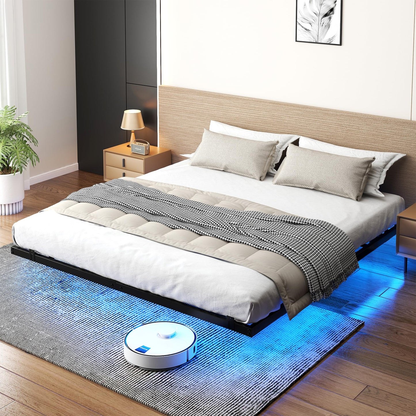 SogesSleep Black King Size Floating Bed Frame with LED Lights - Heavy Duty, No Box Spring Needed - WoodArtSupply