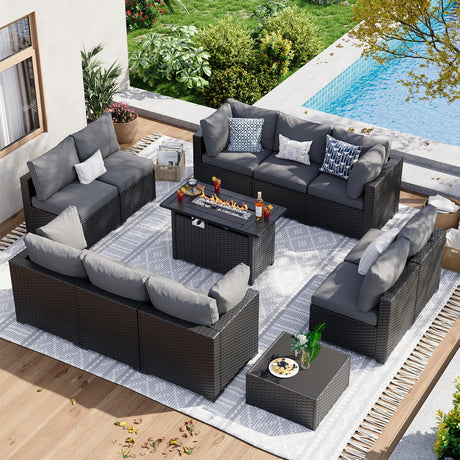 Aoxun 12 Piece Patio Furniture Set with 44” Fire Pit Table Wicker Rattan Patio Sectional Sofa Set Outdoor Seating Furniture with Thickened Cushion, Grey Aoxun