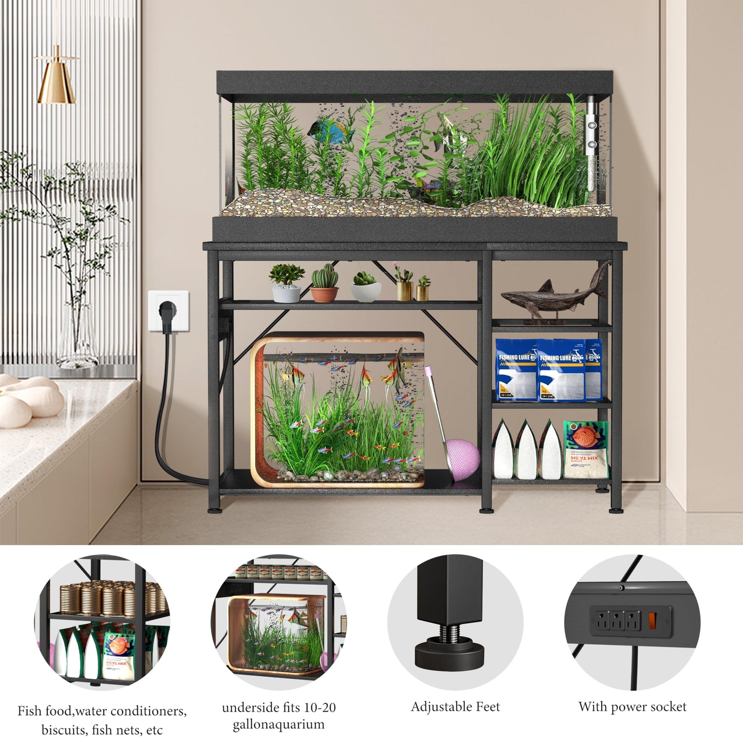 55-75 Gallon Fish Tank Stand: Heavy Duty Aquarium Stand with Power Outlets and Cabinet for Fish Tank Accessories Storage - Metal Frame, 1200LBS Capacity, Suitable for Fish & Reptile Terrariums