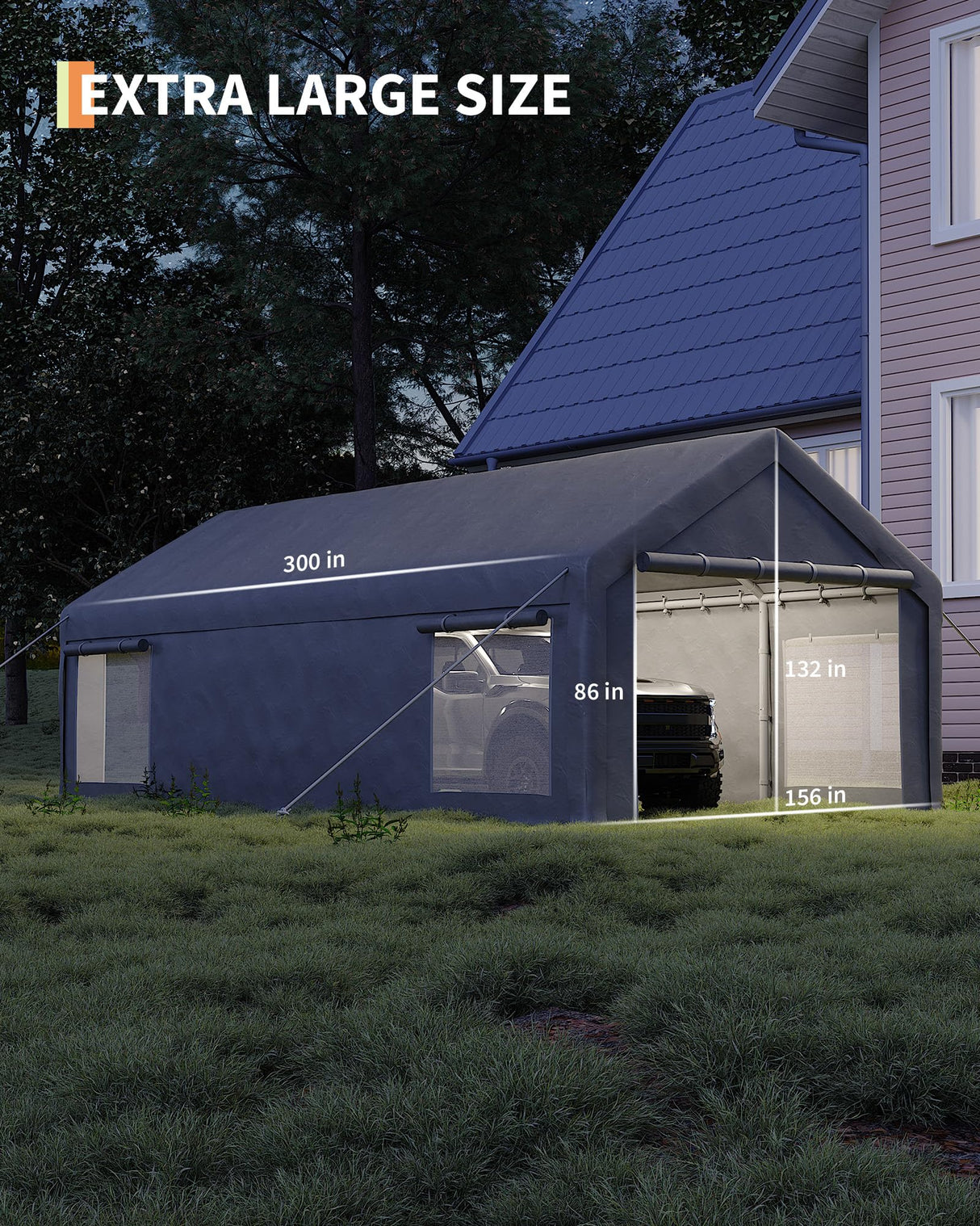 GarveeLife 13x25 Ft Carport with 10 Sandbags, Car Port with 220g PE Tarp, 2 Roll-Up Doors, and 4 Windows, for Full-Size Pickups, Bass Boats, Tractors, and SUVs, Gray GarveeLife