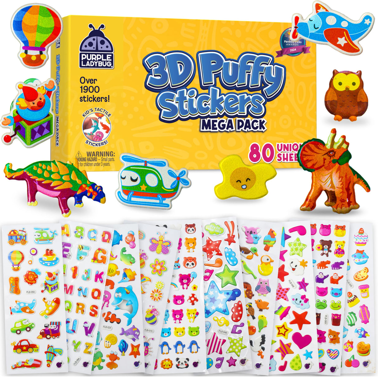Purple Ladybug 1900+ Puffy Sticker Collection for Kids 4-8 - 80 Unique Reusable Sheets, Creative 3D Designs - Reward Stickers, Arts & Crafts Set, Travel Activities, Road Trip Essentials & Toys PURPLE LADYBUG