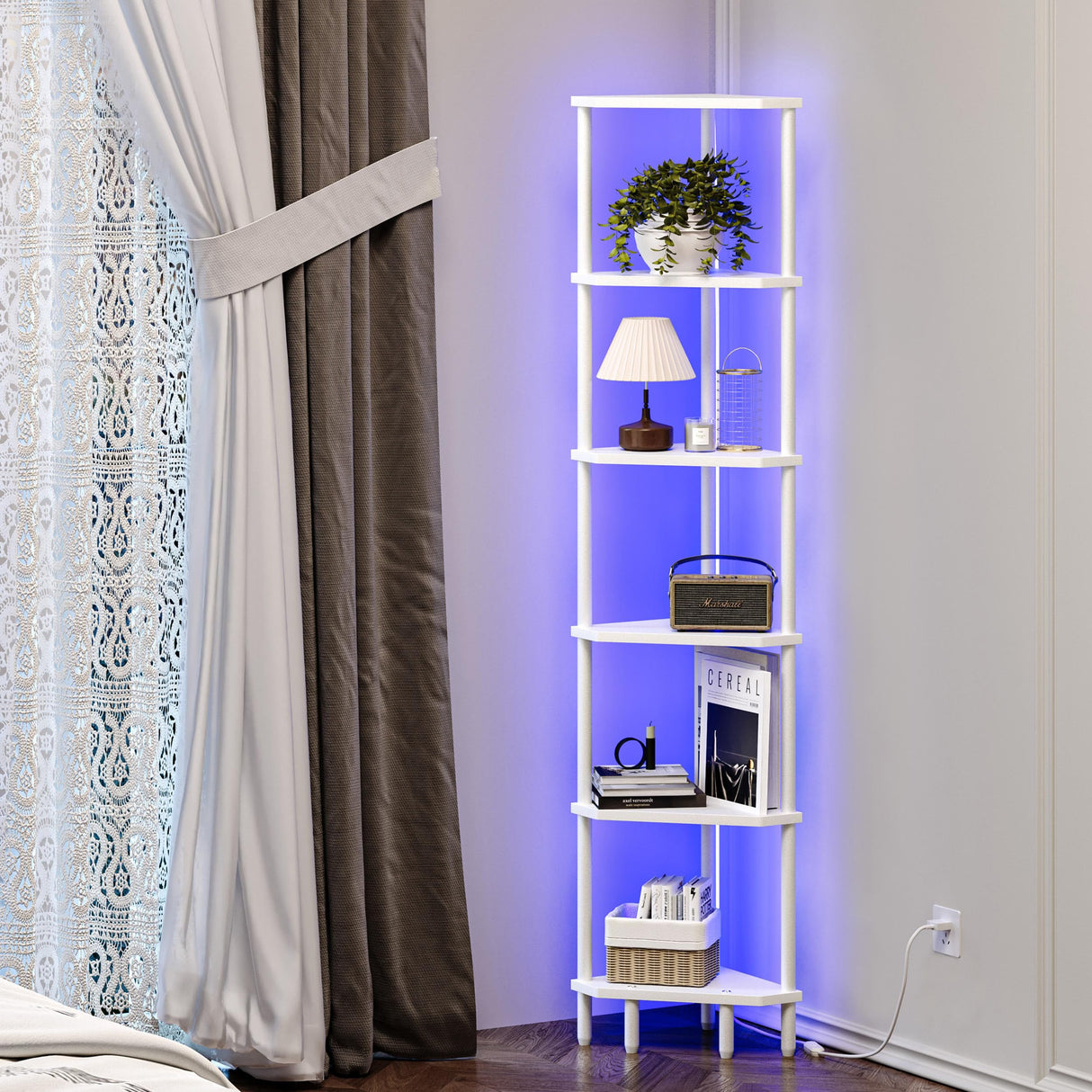 IRCPEN 6 Tier Corner Shelf with LED Light, 66.5'' Tall Standing Shelf, Narrow Display Shelf Stand, Modern Corner Bookshelf, Plant Stand, Corner Bookcase for Living Room, Bedroom, Small Space LCS502WE IRCPEN