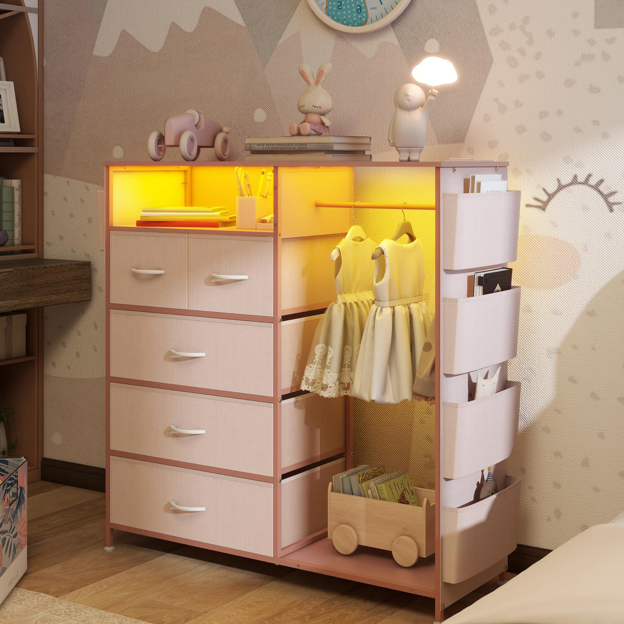 Espelism Dresser for Bedroom with Clothes Rack Side Pockets 5 Drawer Dresser with Charging Station LED Lights Black Storage Chest of Drawers for Hallway Closet Sturdy Steel Frame Wood Top (Pink) Espelism