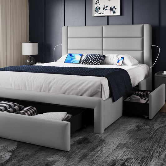 Yaheetech Light Gray Leather Upholstered Full Size Bed Frame with USB Charging Ports and Storage Drawers - WoodArtSupply