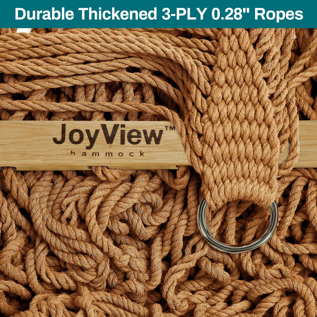 JoyView Traditional Rope Double Hammock - Hand Woven Cotton Hammock with Hardwood Spreader Bar and Pillow 450lb Capacity for Outdoor Indoor Patio Yard - Brown JoyView