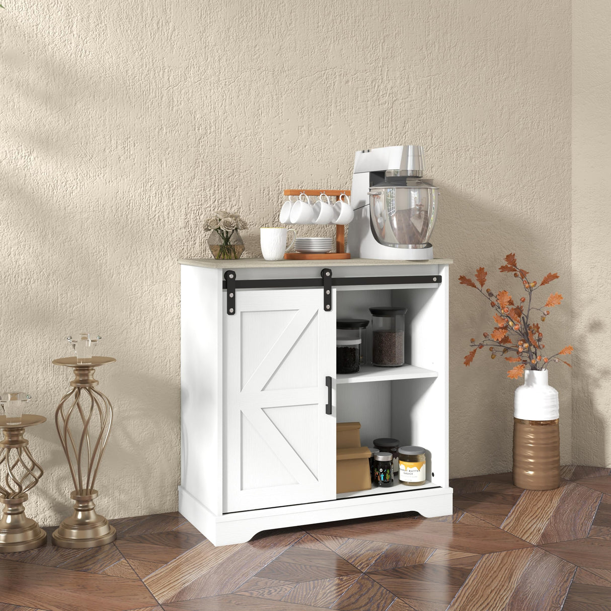 Panana Sliding Barn Door Buffet Sideboard Storage Cabinet Coffee Bar Kitchen Farmhouse Style (White Cabinet Nature Top) Panana