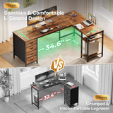 Huuger 63 Inch L Shaped Desk with Fabric Drawers, Reversible Computer Gaming Desk with Power Outlets and USB-C Port, Adjustable Side Storage Shelves, for Work Study Corner Home Office, Rustic Brown Huuger