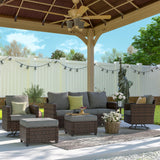 UDPATIO Patio Furniture Set, 6 Pieces Outdoor Sectional Couch with Swivel Rocking Chair, Brown Wicker Rattan Conversation Sofa, 4" Thick Cushion for Garden Backyard Deck, Dark Grey UDPATIO