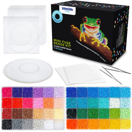 24,000 Mini Fuse Beads Kit for Adults - 48 Colors Tiny 2.6mm Beads, 5 Pegboards, 2 Tweezers - Compatible with Hama, Melty Beads, Iron Beads Craft - Bulk Storage shinshin creation
