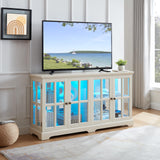 KEIKI Curio Cabinet, Lighted Glass Display Cabinet w/ 4 Glass Doors & Adjustable Shelves, Lighted Showcase with LED Light Strip, TV Stand, White KEIKI