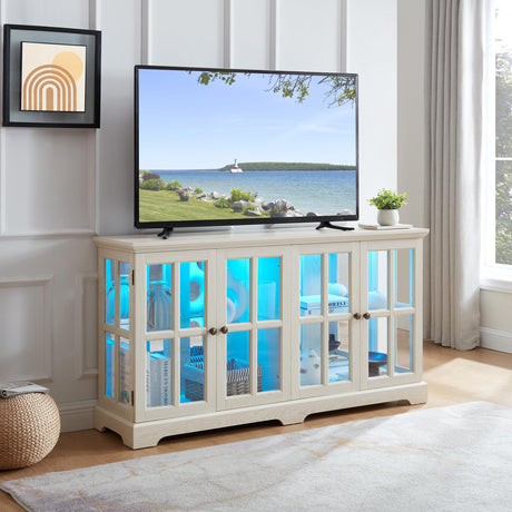 KEIKI Curio Cabinet, Lighted Glass Display Cabinet w/ 4 Glass Doors & Adjustable Shelves, Lighted Showcase with LED Light Strip, TV Stand, White KEIKI
