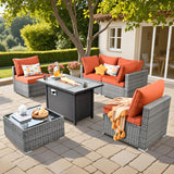 weaxty W 6 Piece Wicker Sectional Patio Furniture with Fire Pit, Outdoor Sectional Couches with 42'' Firepit Coffee Table Modern Outside Conversation Sets for Balcony Backyard Garden, Orange weaxty W