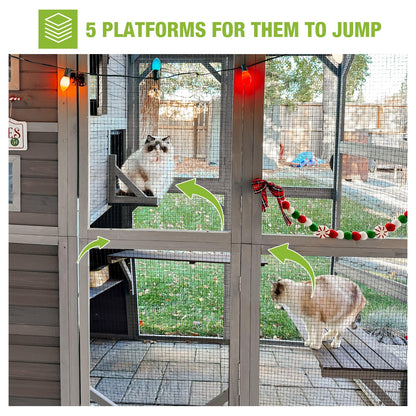 Cat Enclosure Outdoor Wooden Cat House Large Catio Vertial Kitten Kennel Cat Cage 4 Tiers 77" L x 36" W x 69" H