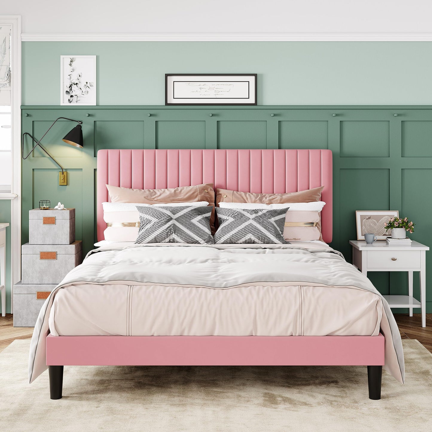 Allewie Queen Bed Frame, Velvet Upholstered Platform Bed with Adjustable Vertical Channel Tufted Headboard, Mattress Foundation with Strong Wooden Slats, Box Spring Optional, Easy Assembly, Pink