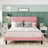 Allewie Queen Bed Frame, Velvet Upholstered Platform Bed with Adjustable Vertical Channel Tufted Headboard, Mattress Foundation with Strong Wooden Slats, Box Spring Optional, Easy Assembly, Pink Allewie