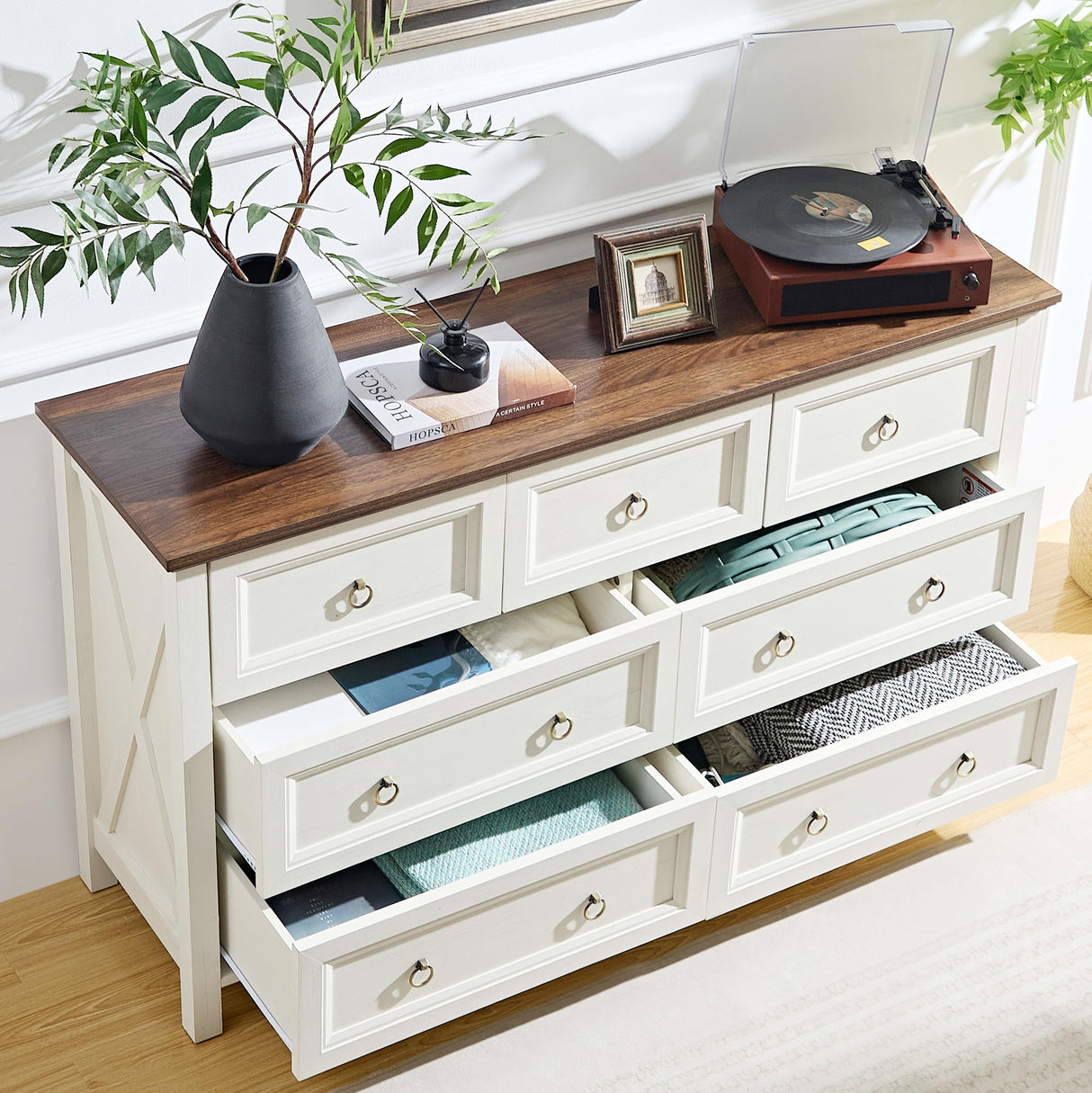 OKYCI Farmhouse 7 Drawer Dresser, Long Wood Chest of Drawers with 1.2" Thickened Top - 54" W x 31.5" H,Antique White OKYCI