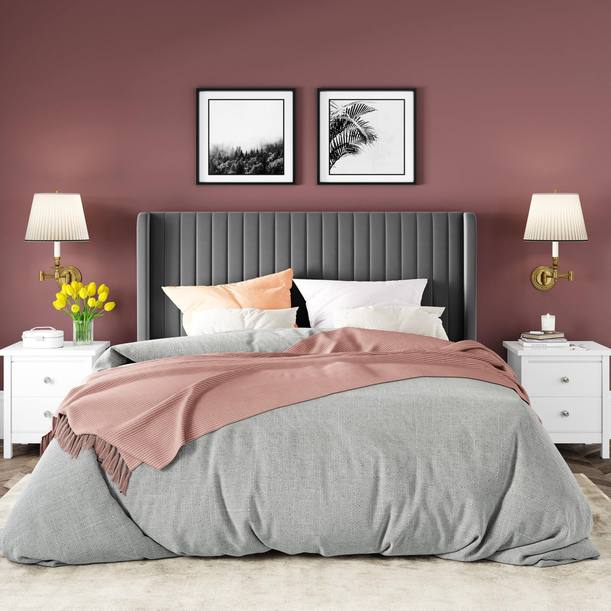 Allewie Full Size Velvet Bed Frame/Vertical Channel Tufted Wingback Headboard/Upholstered Platform Bed/Strong Wooden Slats/No Box Spring Needed/Easy Assembly/Grey Allewie