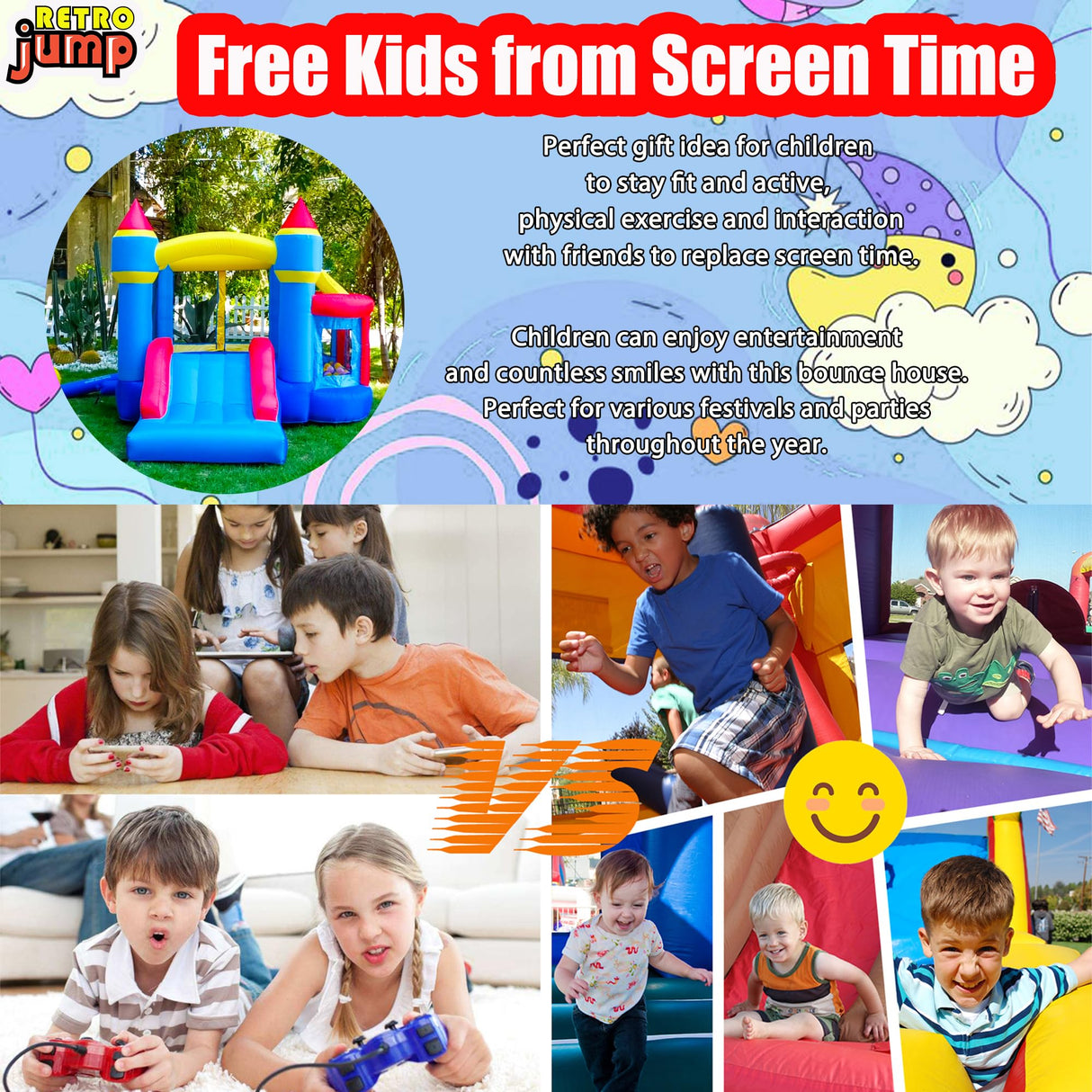 RETRO JUMP Inflatable Bounce House, Bouncy House for Kids Outdoor, Inflatable Kids Bounce House with Jumping Ball Pit & Basketball Hoop, Ocean Balls, Blower, Patch Kits, Stakes, Carrying Bag RETRO JUMP