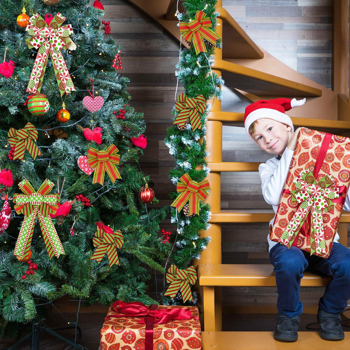 Whaline Christmas Ribbons 36 Yards Dot Stripe Candy Wired Edge Ribbon Red Green Fabric Craft Ribbon for Xmas Wreath Bow Making DIY Crafts Wrapping Supplies, 6 Rolls Whaline