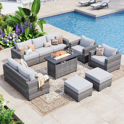 WACASA 7 Piece Patio Furniture Set with Fire Pit Table, Outdoor Patio Sectional Sofa Couch with Washable Cover, Natural Rattan Weave Conversation Set for Garden Outdoor