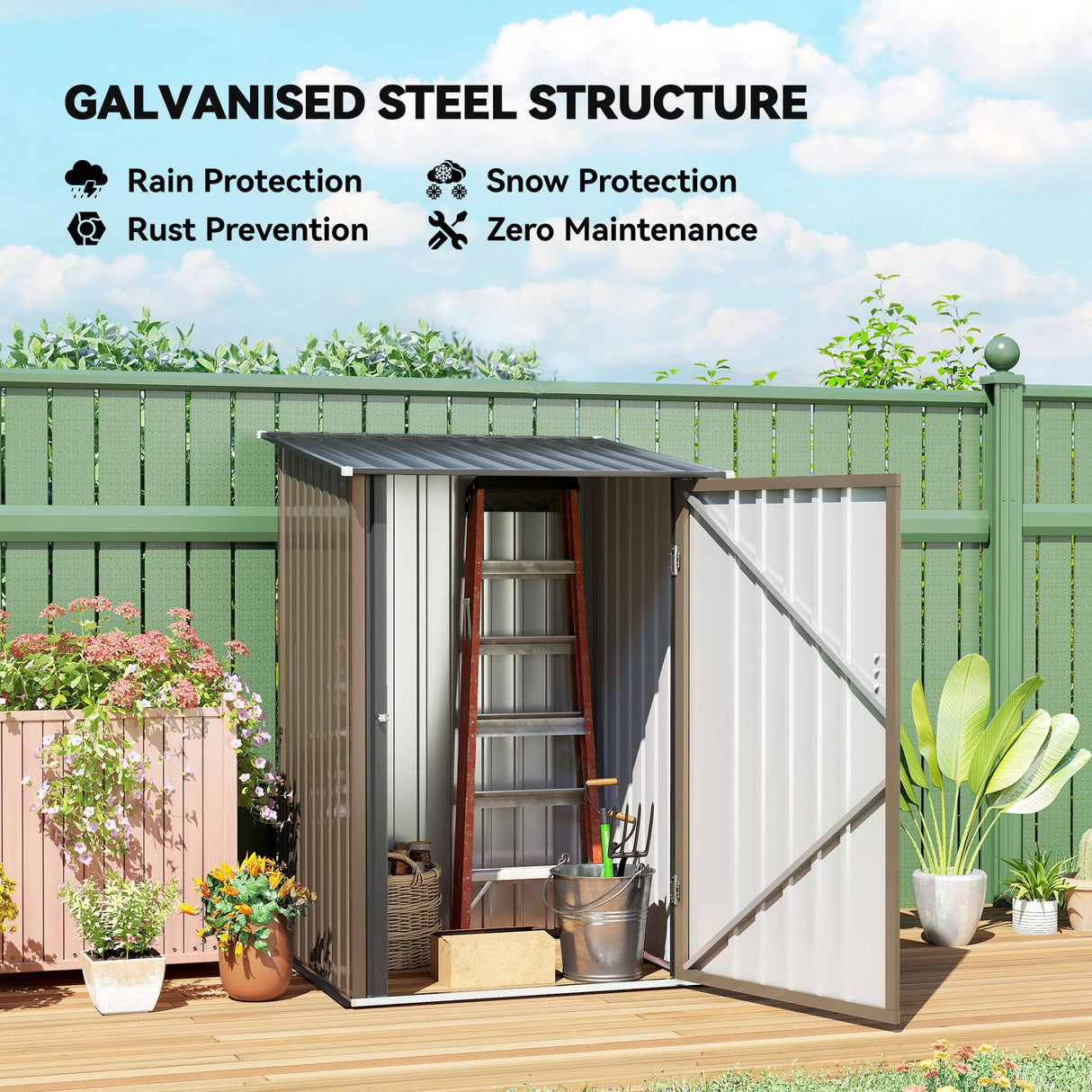 Outsunny 3.3' x 3.4' Outdoor Storage Shed, Metal Garden Tool House with Sloping Roof and Lockable Door for Backyard, Bike, Patio, Garage, Lawn, Brown Outsunny