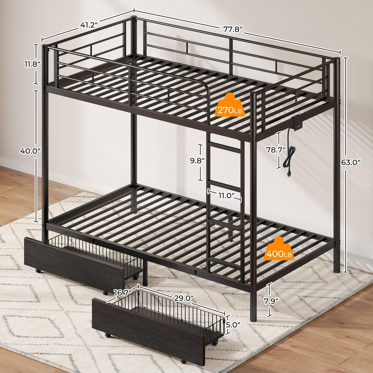Rolanstar Metal Bunk Bed Twin Over Twin with USB Charging Station, LED Bunk Bed with 2 Storage Drawers, Bed with Safety Guardrail & Ladders, No Box Spring Needed, Easy Assembly, Black Rolanstar
