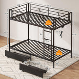 Rolanstar Metal Bunk Bed Twin Over Twin with USB Charging Station, LED Bunk Bed with 2 Storage Drawers, Bed with Safety Guardrail & Ladders, No Box Spring Needed, Easy Assembly, Black Rolanstar
