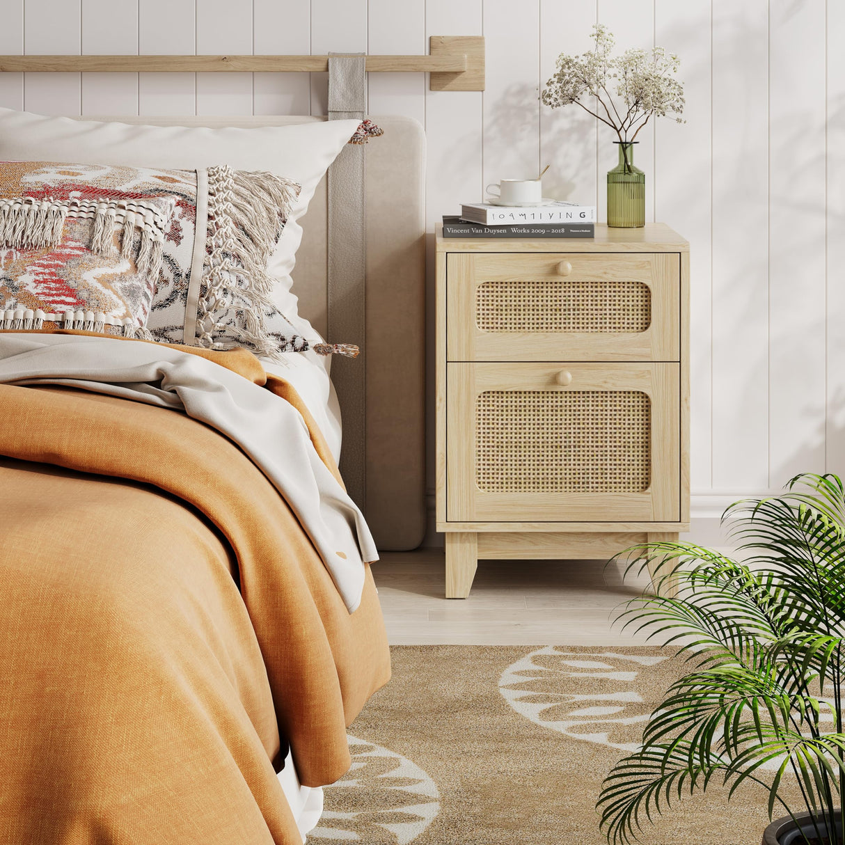 Callales Modern Wicker Rattan Stand Set of 2,Rattan Stand with Drawer and Charge Station, Wooden Side End Table for Small Spaces, Natural Wood BedsideTable for Bedroom,Easy Assembly Callales