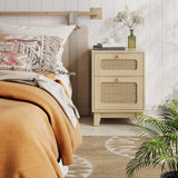 Callales Modern Wicker Rattan Stand Set of 2,Rattan Stand with Drawer and Charge Station, Wooden Side End Table for Small Spaces, Natural Wood BedsideTable for Bedroom,Easy Assembly Callales