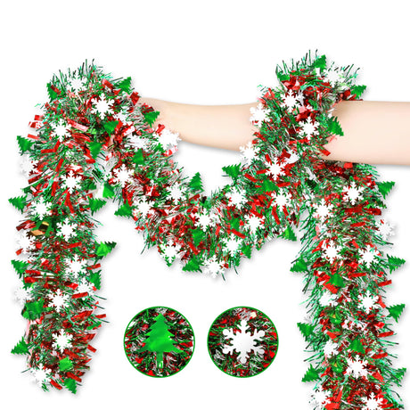 50 FT Christmas Decorations Tinsel Garland with Snowflake Christmas Tree, Red Green Silver Shiny Metallic Twist Christmas Garland for Home Tree Mantle Stairs Indoor Outdoor Holiday Xmas Party Decor Lairyan