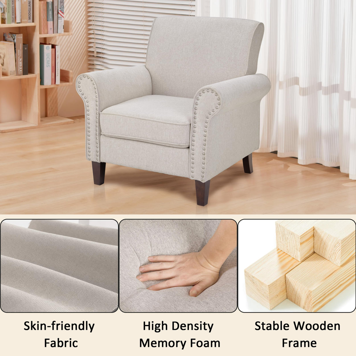 PrimeZone Comfy Accent Chair, Mid-Century Modern Fabric Living Room Chair Reading Chair with Soft Cushion, Nailhead Trim & Rolled Armrest, Arm Chair Sofa Chair for Bedroom Waiting Room Office, Beige PrimeZone