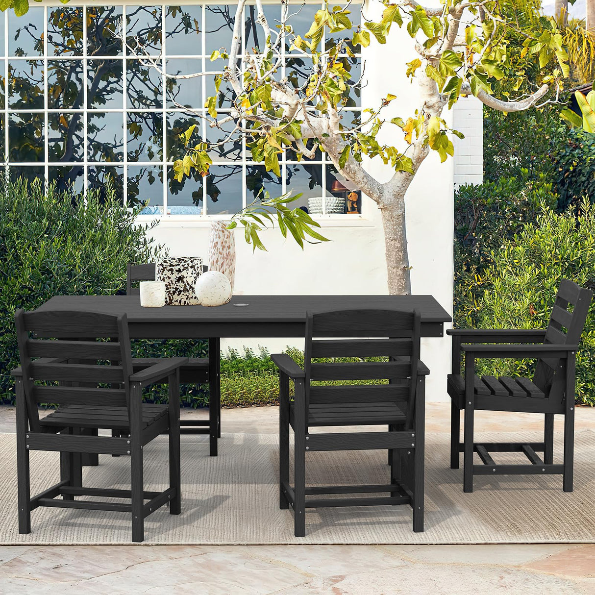 SERWALL Patio Dining Table Sets 5-Piece, Outdoor HDPE Dining Furniture Set with Umbrella Hole Cut-Out Table and 4 Chairs, All Weather Dining Set for Lawn, Garden, Backyard, Poolside, Black SERWALL
