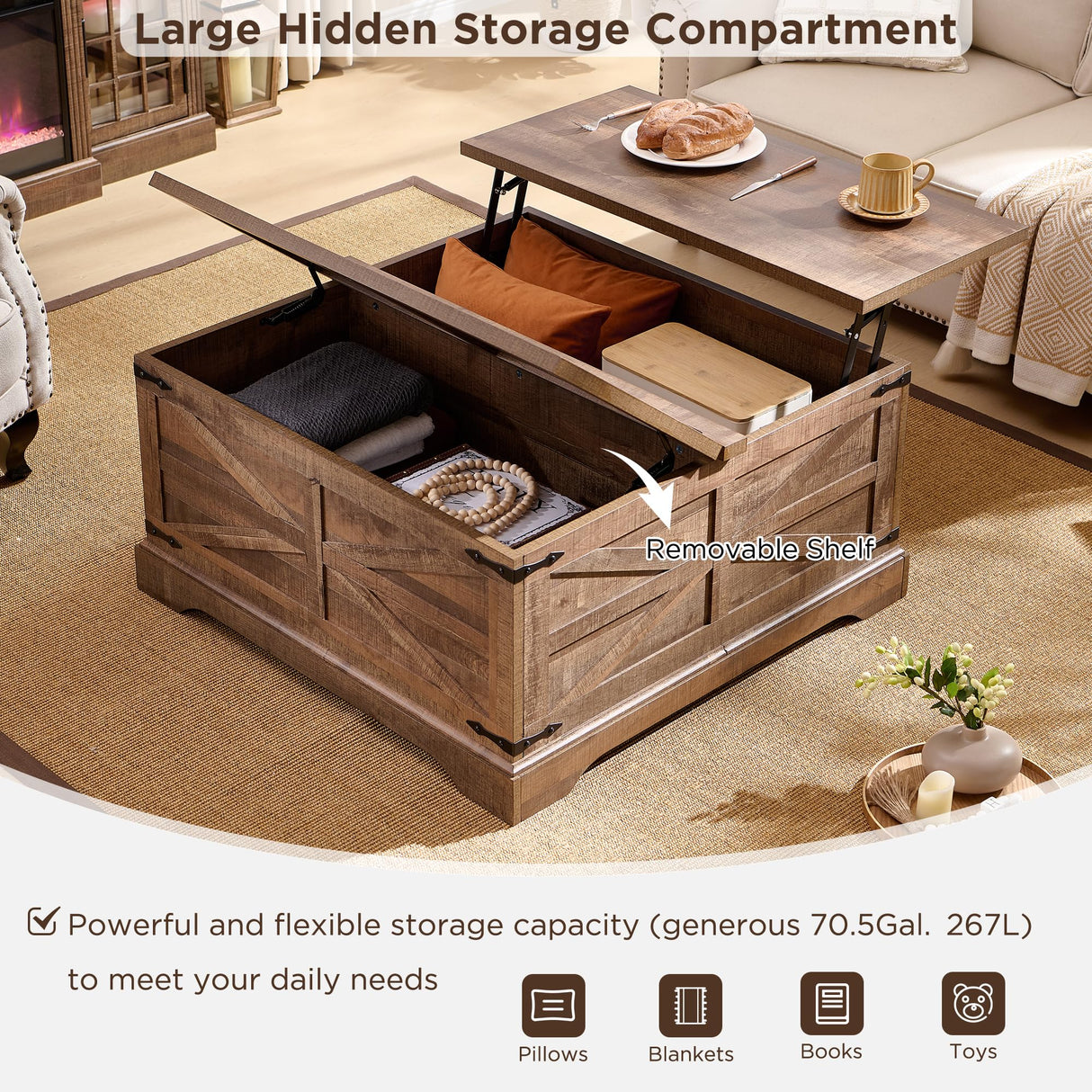 JXQTLINGMU Farmhouse Lift Top Coffee Table with Storage, 36" Wood Square Center Table with Large Hidden Compartment, Rustic Lift Tabletop Dining Table for Home Living Room, Light Brown JXQTLINGMU