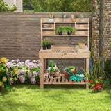 Giantex Garden Potting Bench Table, Large Workbench Table with Shelves, Openable Tabletop Hidden Storage Cabinet, 3 Hooks, Outdoor Wooden Workstation for Patio Garden Garage, 43.5"x19.5"x 60.5" Giantex